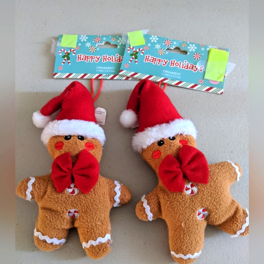 Christmas Holiday Candy Cane Gingerbread Man Plush Ornament Decor